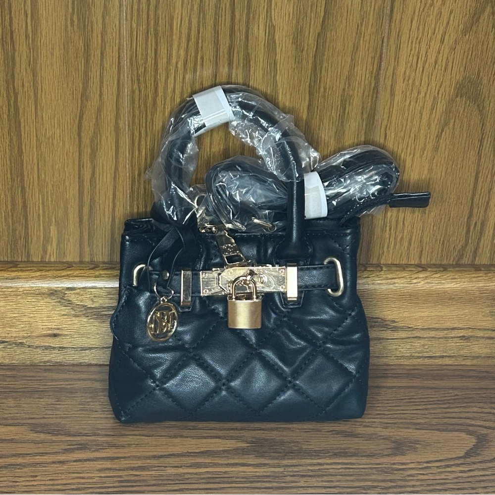Badgley Mischka Diamond Quilted Crossbody Mini Tote w/ Lock & Gold Hardware. NWT